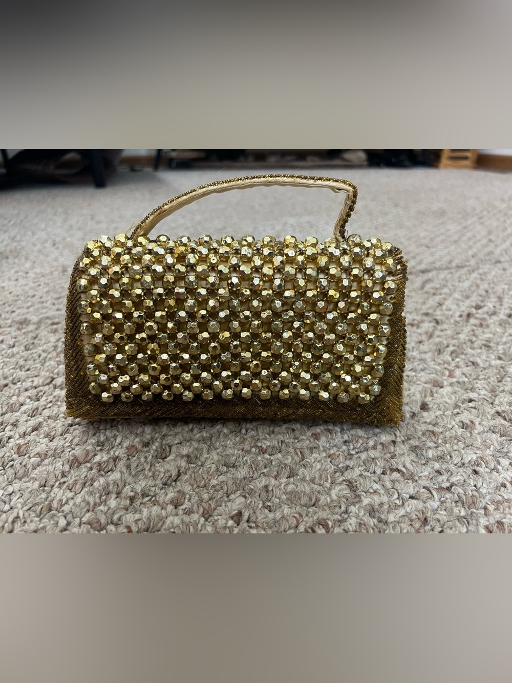 Vintage M.M. Kane Gold Beaded Foldover Clutch Evening Bag Mid-Century